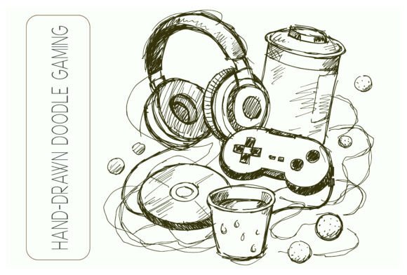 Hand-Drawn Gaming Doodle Set with Headse