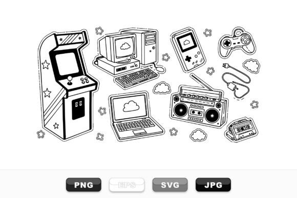 Retro Tech Doodle Clipart Set