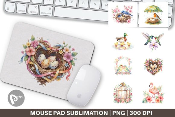 Watercolor Bird Nest Floral Mouse Pad