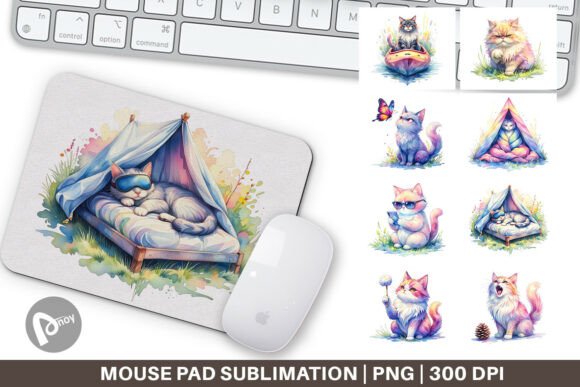 Watercolor Camping Cat Mouse Pad Design